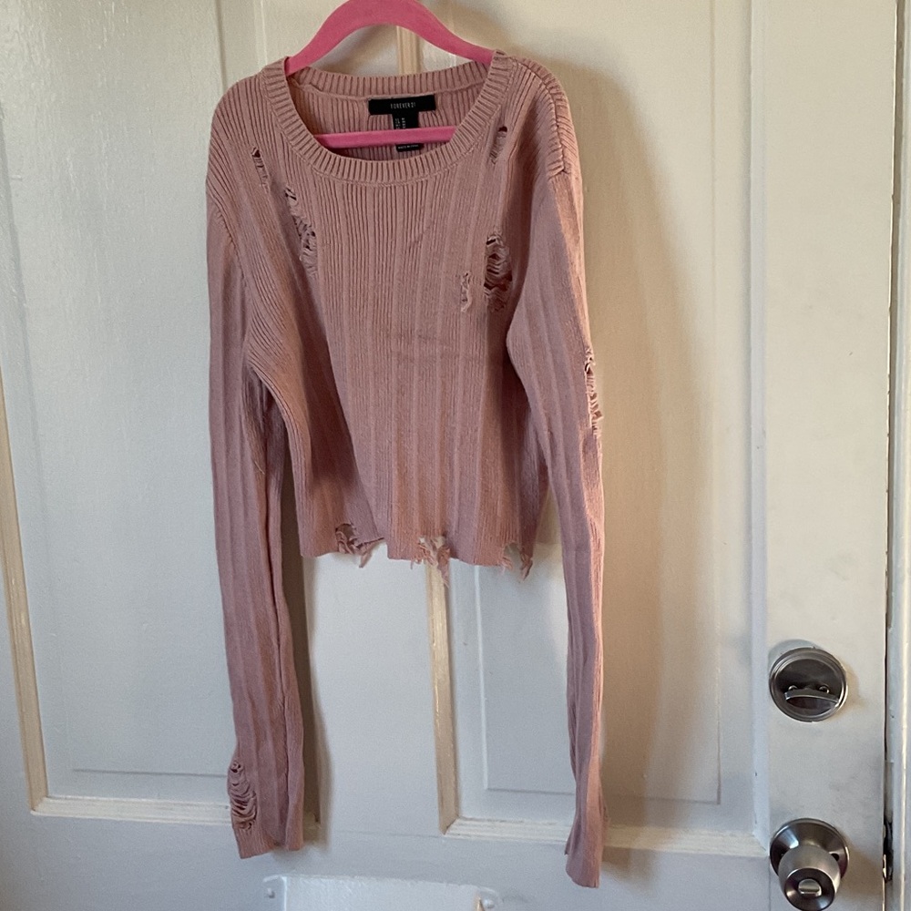 Forever 21 Pink Distressed Knit Sweater